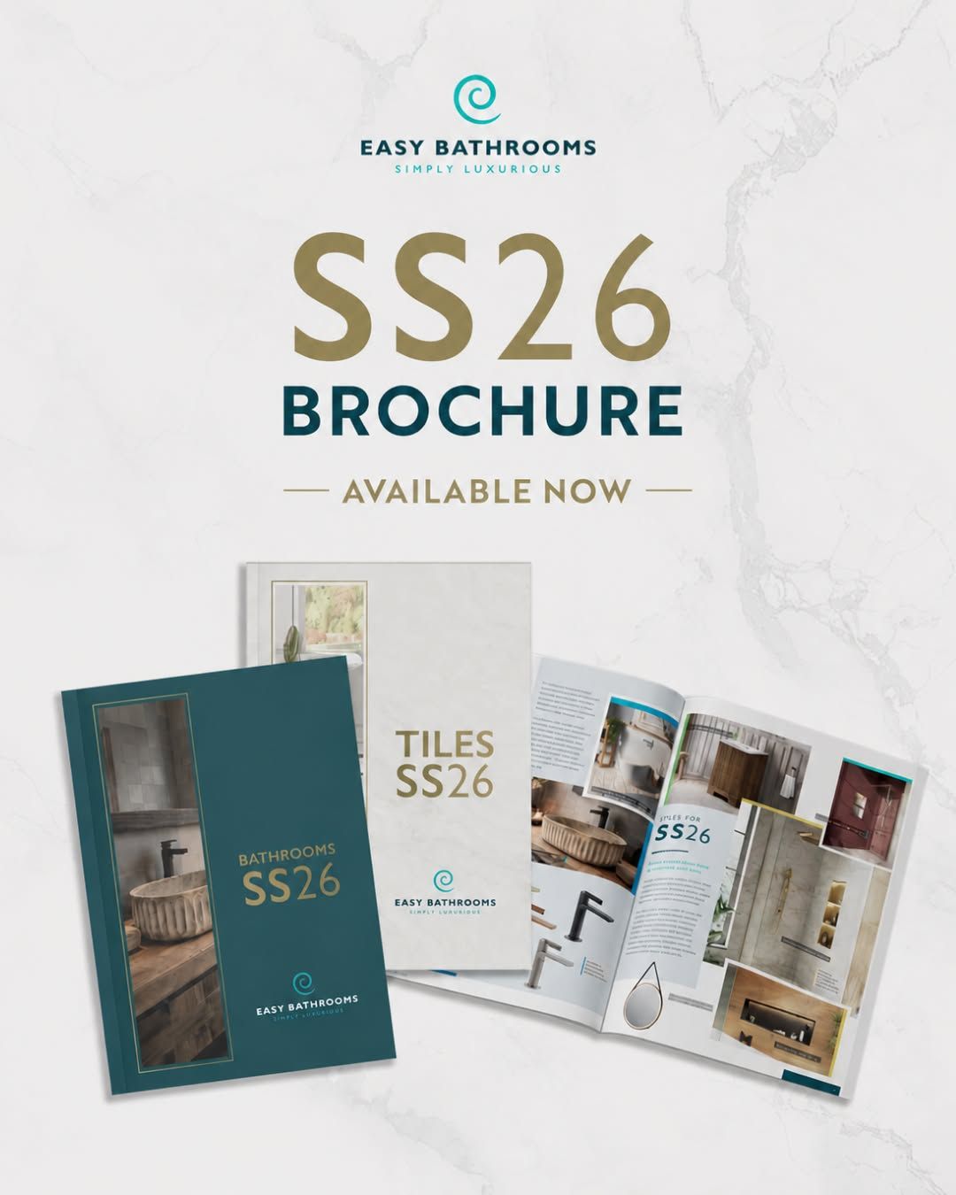 Easy Bathrooms SS26 bathroom and tile brochures displayed together, featuring the latest bathroom products, tile ranges and design inspiration.
