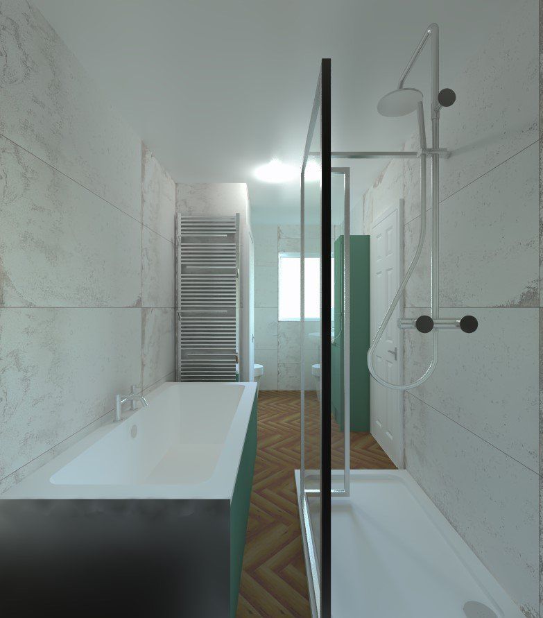 3D bathroom design featuring a bath with overhead shower, glass screen, marble-effect tiles and wood-effect flooring