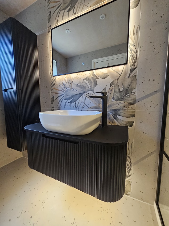 Ribbed Wall Hung Matt Black Vanity Unit & Black Worktop