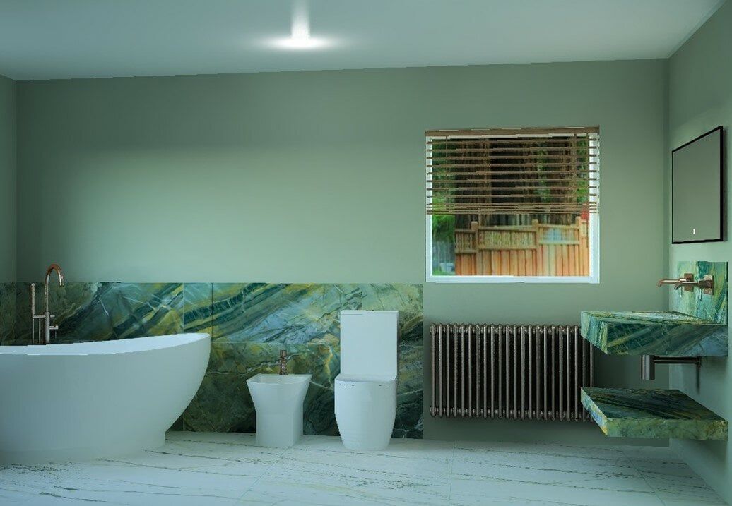 3D Bathroom CAD design of a teal marble bathroom created by Easy Bathrooms Norwich