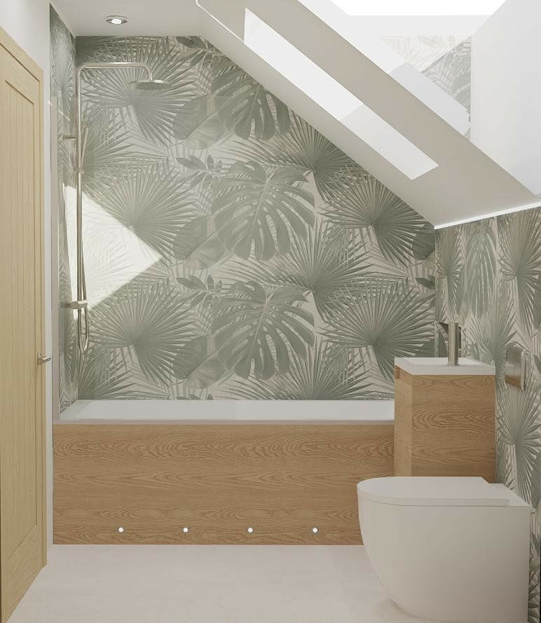 3D bathroom design showing a bath, toilet and patterned feature wall in a light neutral scheme.