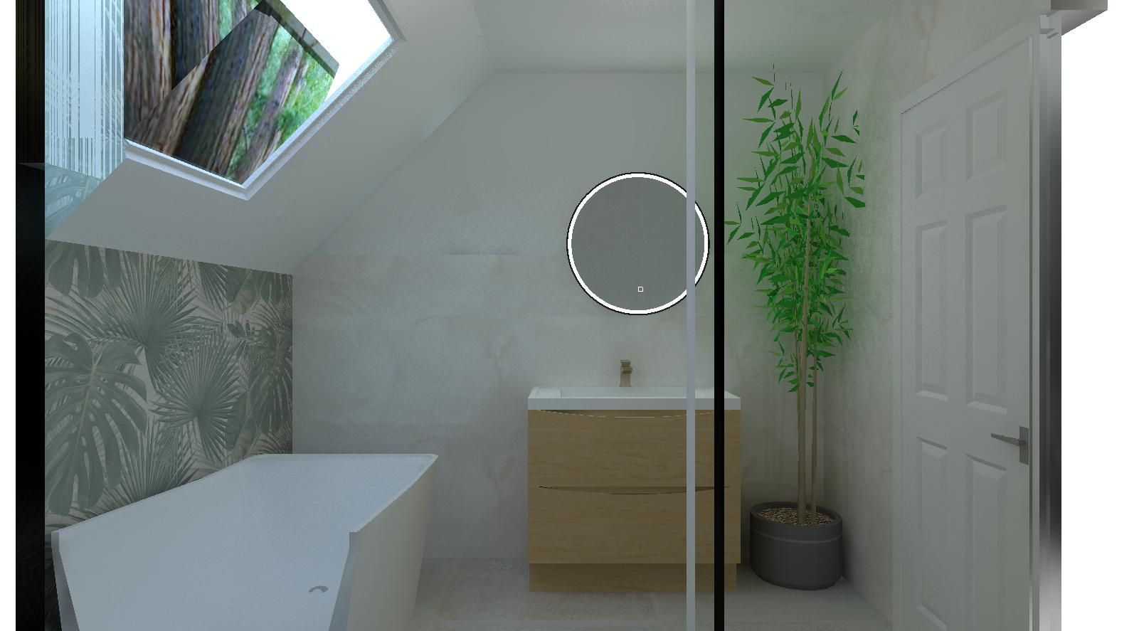 3D bathroom design showing a modern shower area, vanity unit and decorative greenery.
