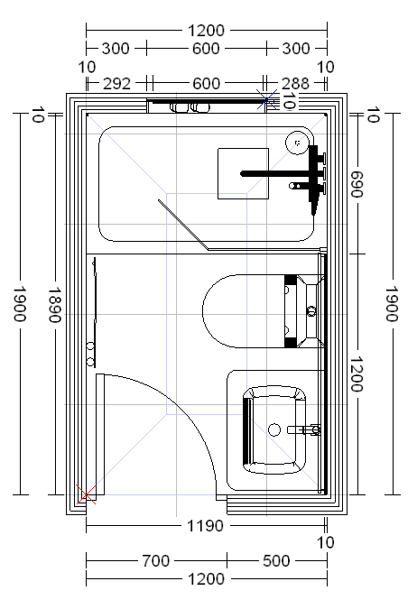 Floor plan showing the layout and dimensions of a compact bathroom with a shower, toilet and basin.