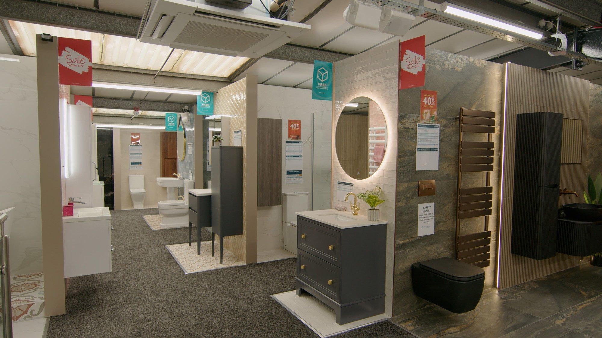 Showroom bathroom displays at Easy Bathrooms & Tiles Newcastle Airport
