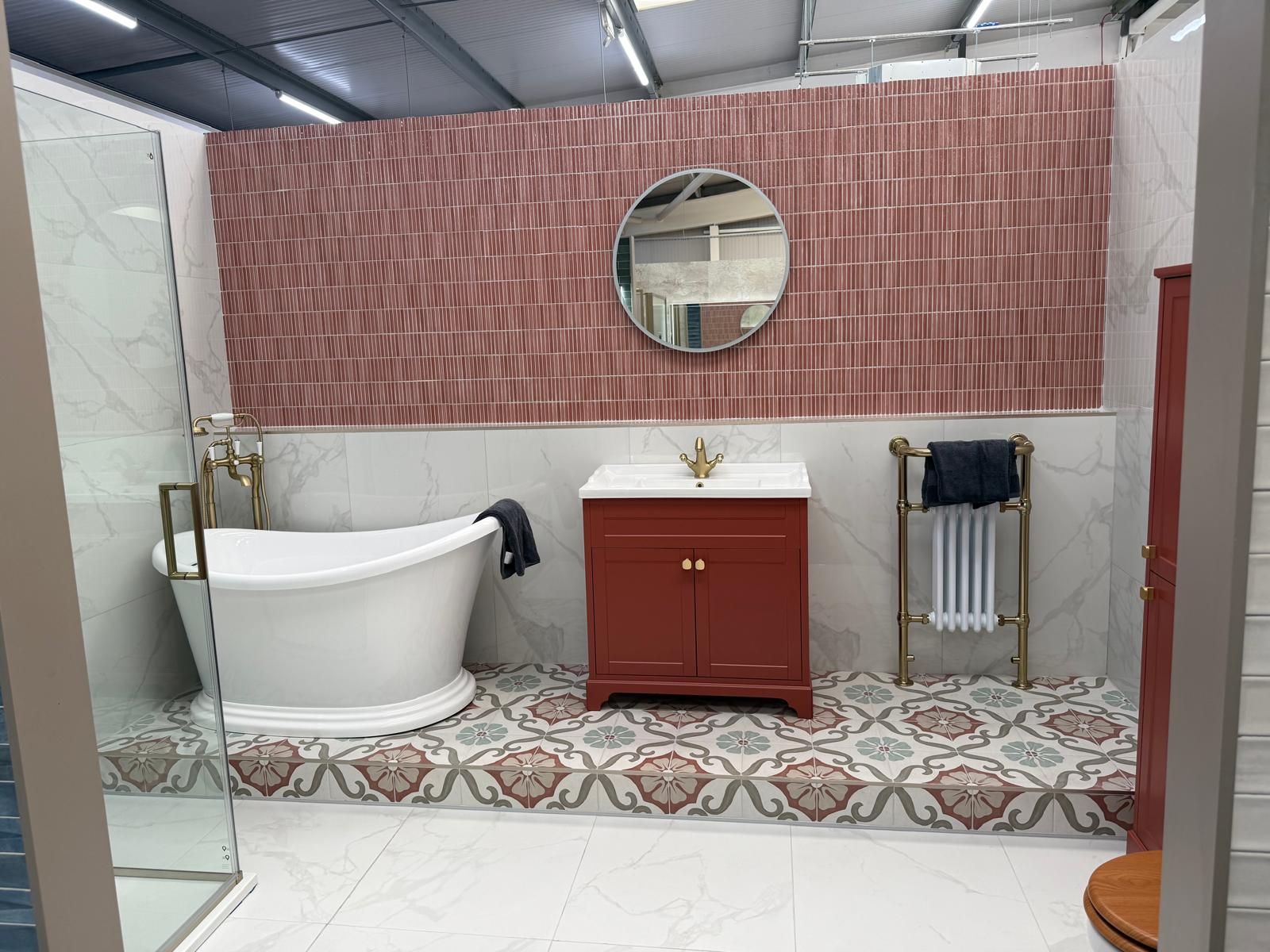 Red traditional bathroom display at Easy Bathrooms Lewisham