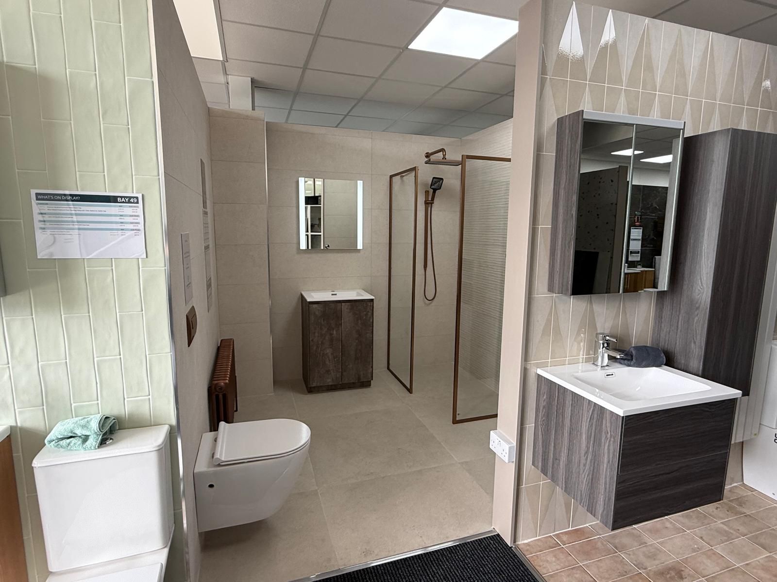 Walk-in shower and bathroom furniture display at Lewisham
