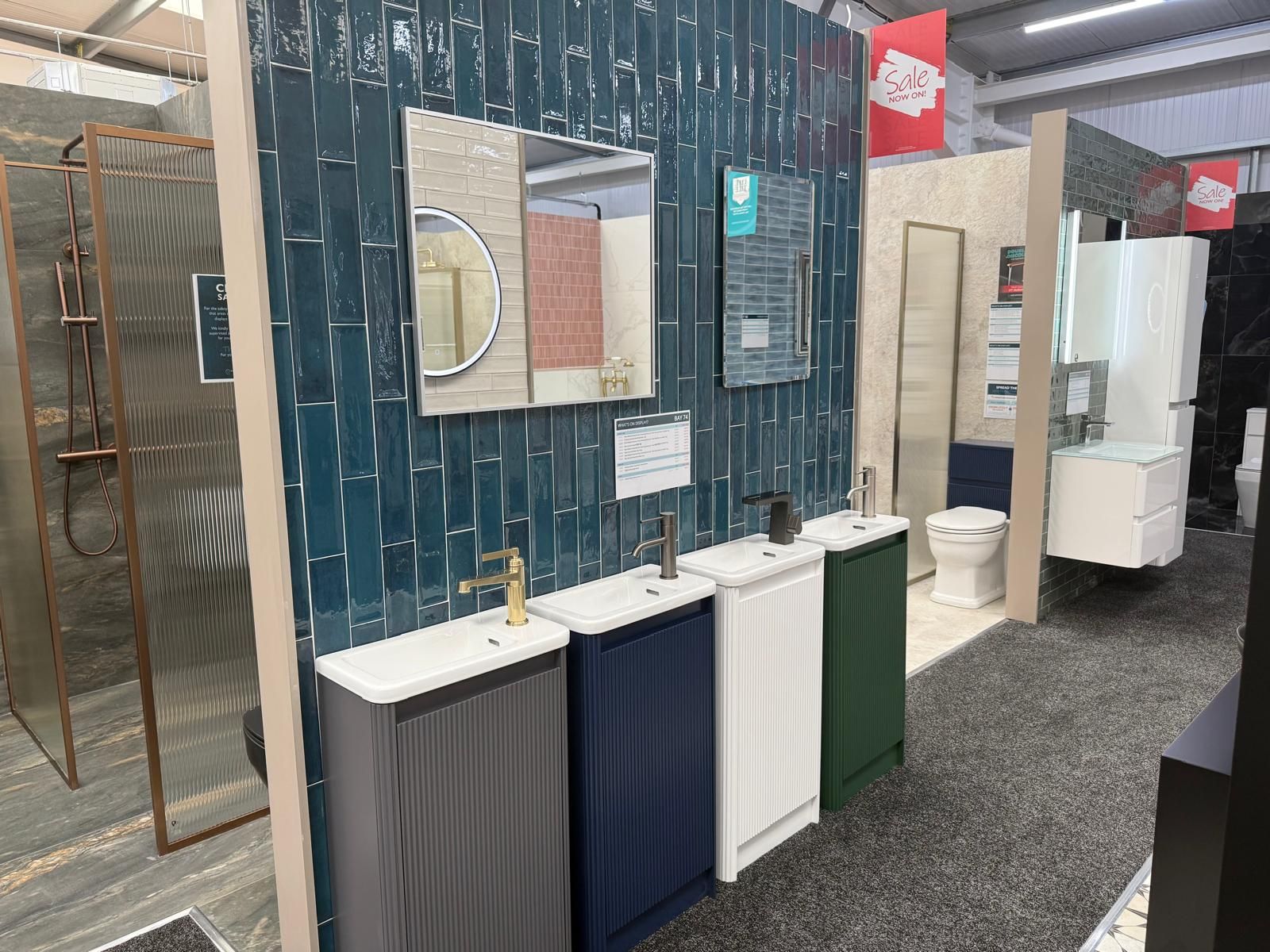 Colourful vanity unit displays at Easy Bathrooms Lewisham