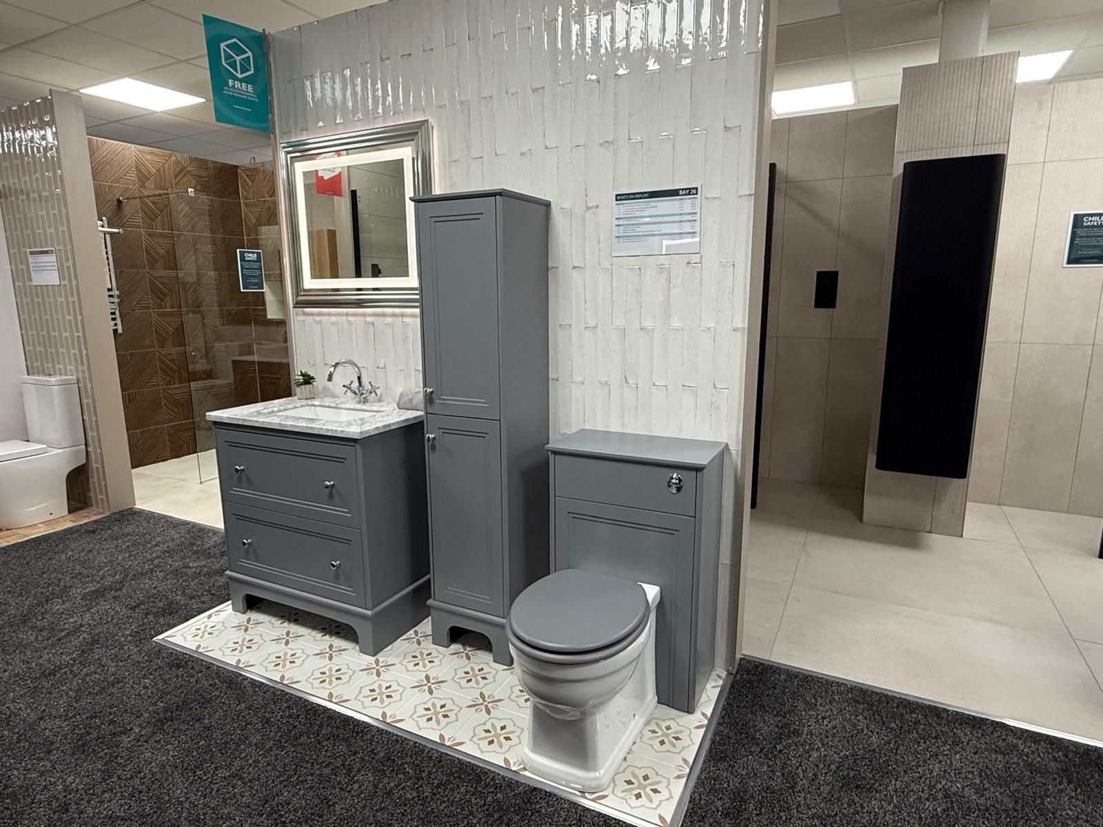 Grey traditional bathroom furniture display in the Lewisham showroom