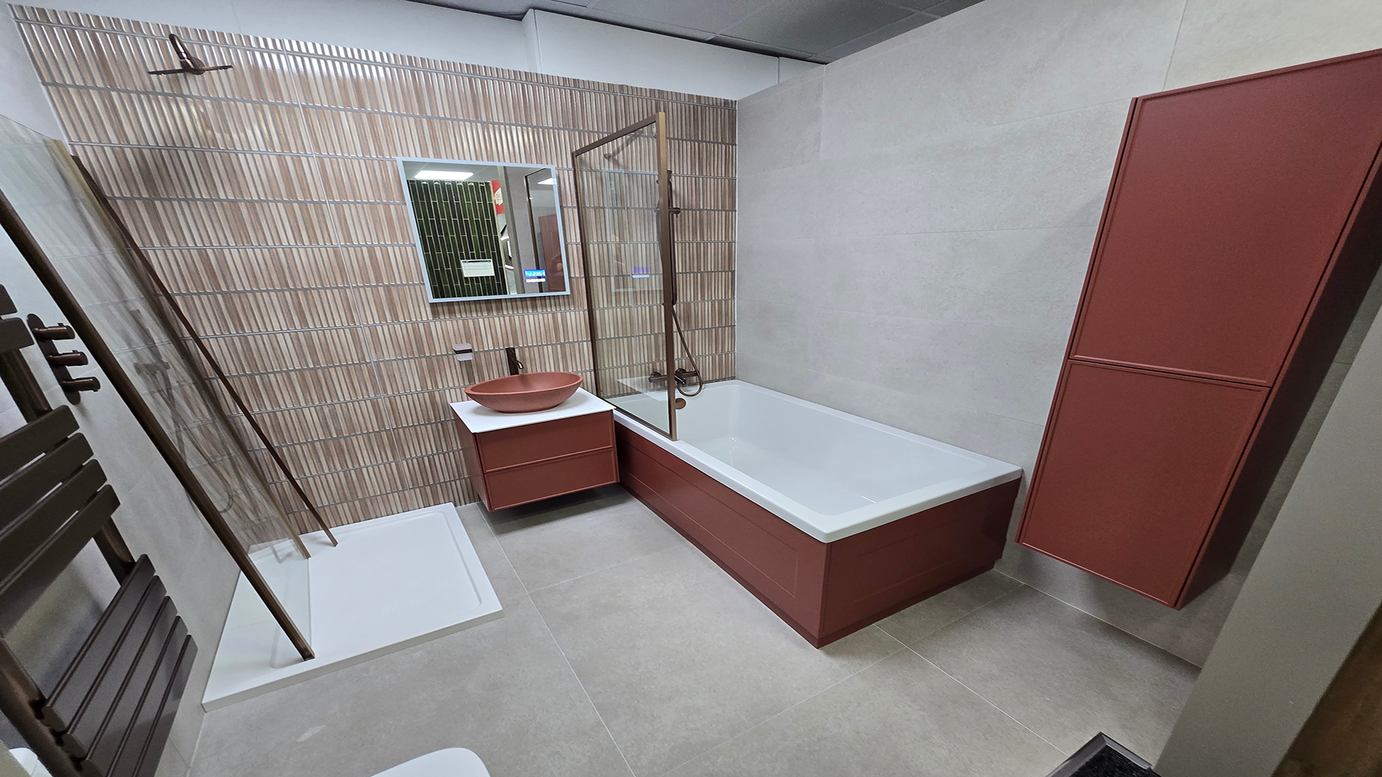 Easy Bathrooms & Tiles Showroom Newbury display stand featuring a modern bathroom suite with contemporary coloured furniture