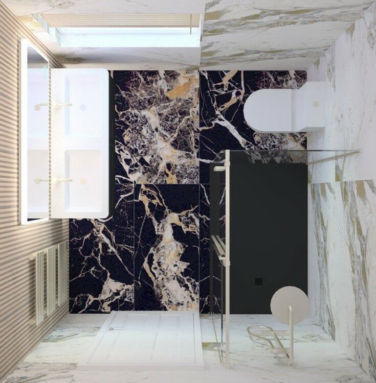 Birds eye view 3D design featuring black marble tiles